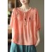 Vintage Orange O-Neck Embroideried Linen Tops Half Sleeve