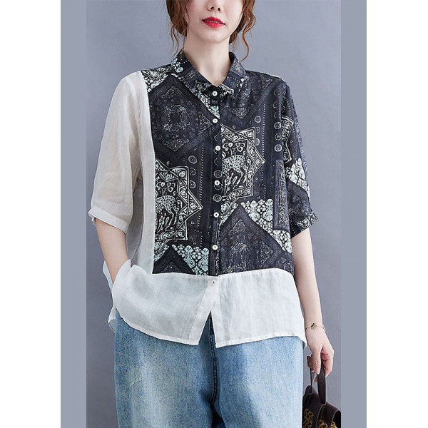 Vintage Black Peter Pan Collar Button Patchwork Print Fall Shirt Half Sleeve