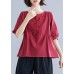 Art o neck embroidery cotton Blouse Sewing burgundy shirt summer