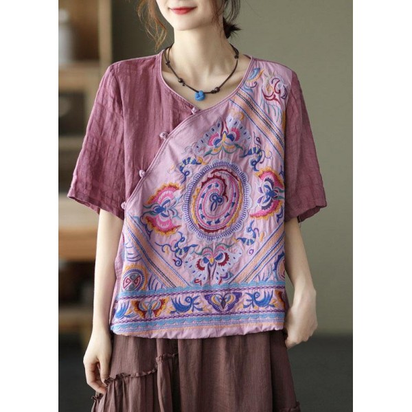 Style Pink Print Side Open tie Summer Linen Blouses Half Sleeve