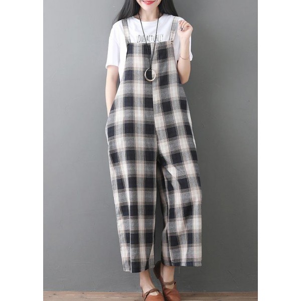 women new cotton white plaid sleeve casual jumpsuit pants