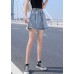 Women Light Blue Elastic Waist drawstring Asymmetrical Pockets Cotton Denim Short Pants Summer