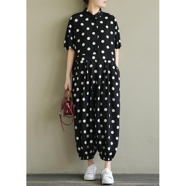 2019 Fine black dotted lapel half sleeve jumpsuit pants