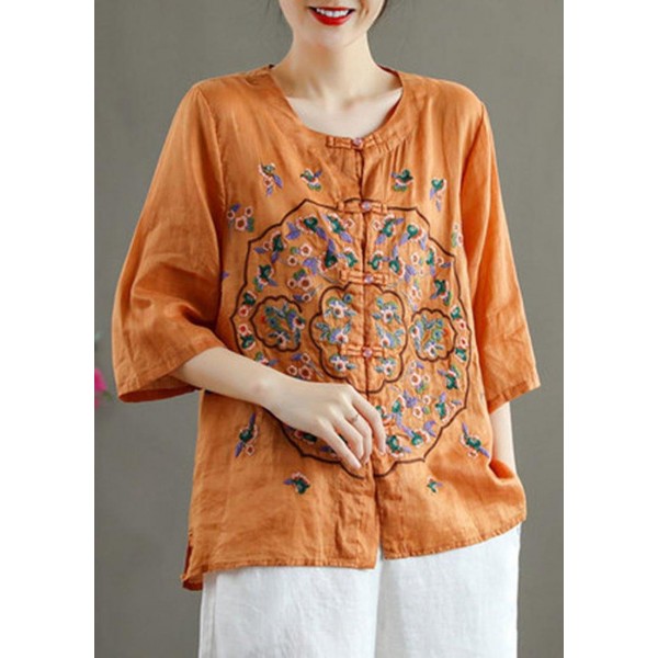 Plus Size Orange Embroideried Oriental Ramie Top Summer