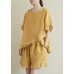 Literary yellow suit lace lace irregular round neck short sleeve shorts two-piece suit