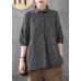 Dark Grey Peter Pan Collar Button Pockets Fall Plaid Half Sleeve Top